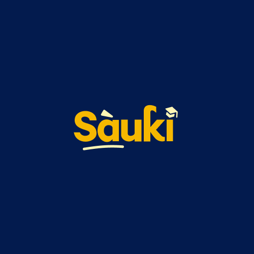 Sauki wordmark in gold on navy, with a small graduation cap