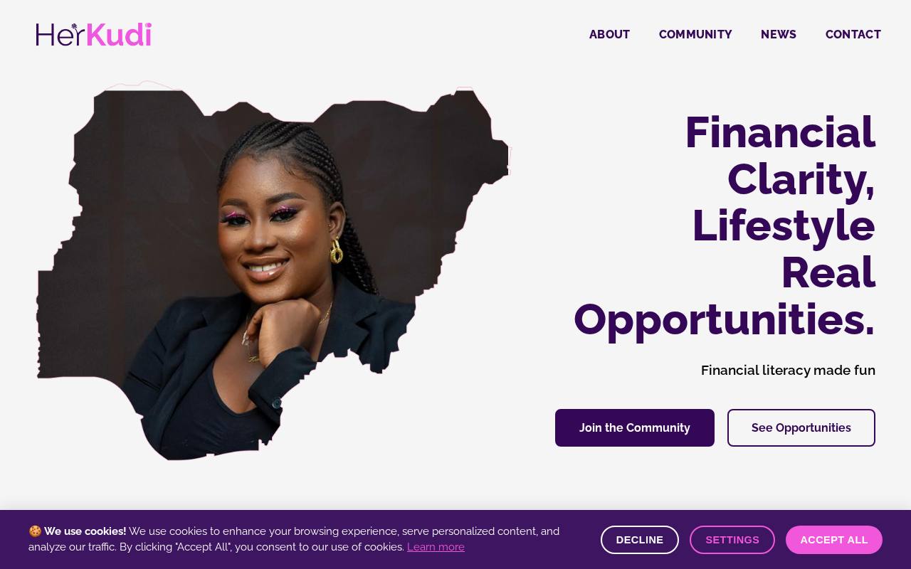 HerKudi homepage with the line Her care, her comfort