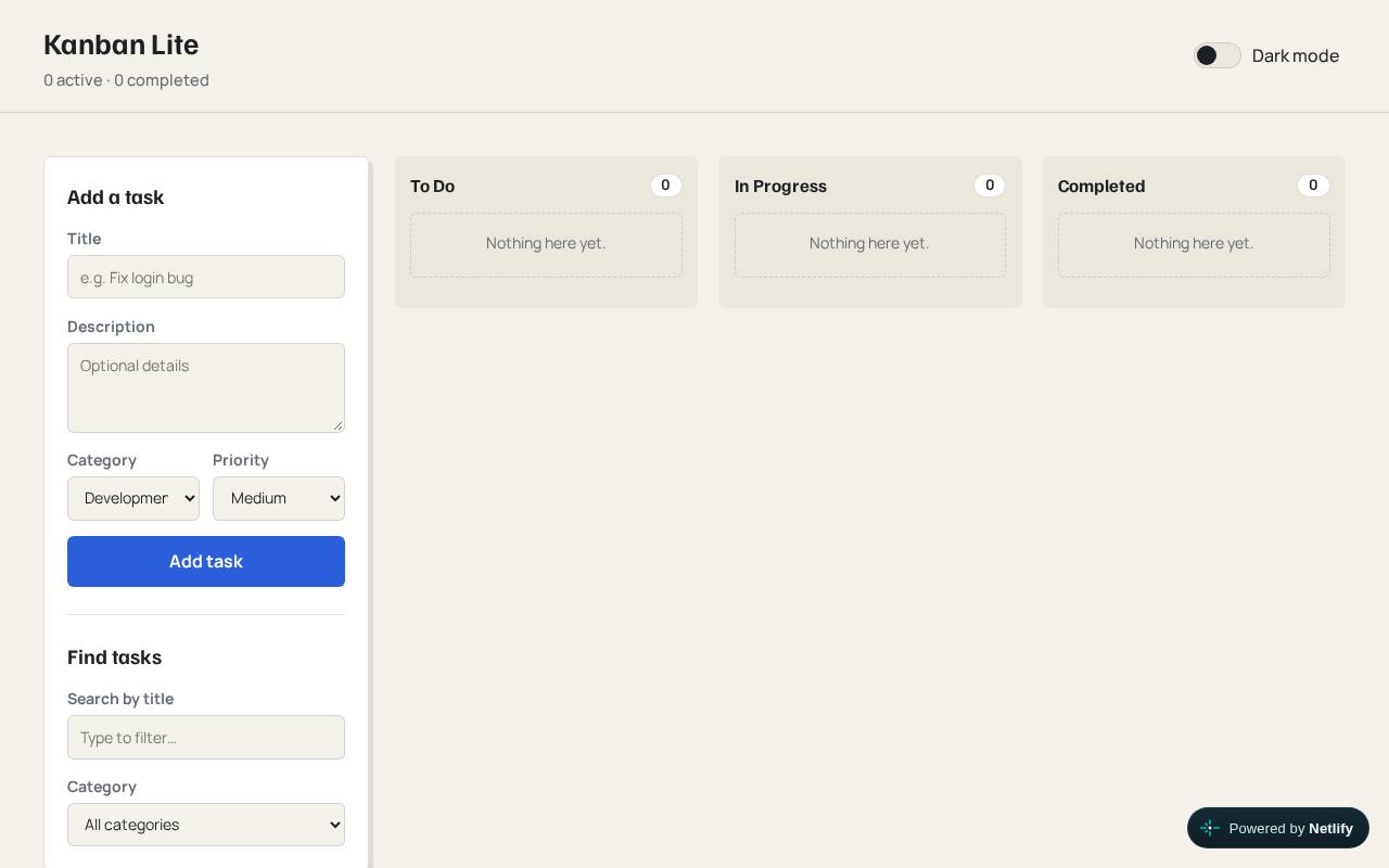 Kanban board with To do, In progress and Completed columns