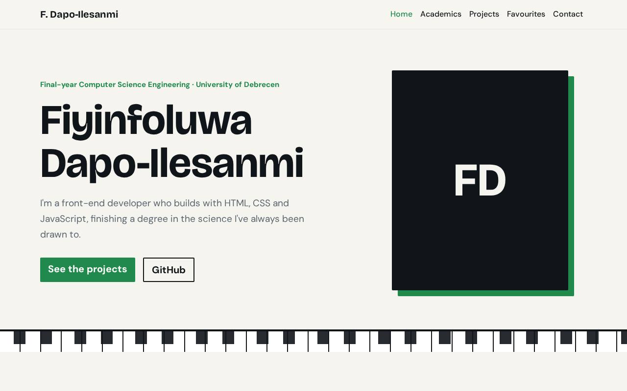 Homepage of a student portfolio with a portrait and project previews